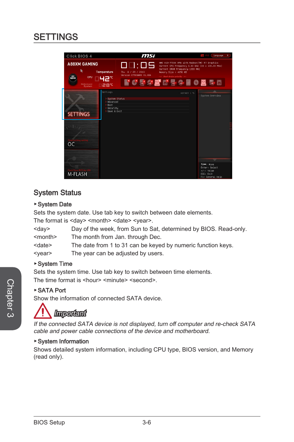 Settings -6, System status -6, Chapter 3 | Settings, System status, Important | MSI A88XM GAMING User Manual | Page 66 / 102