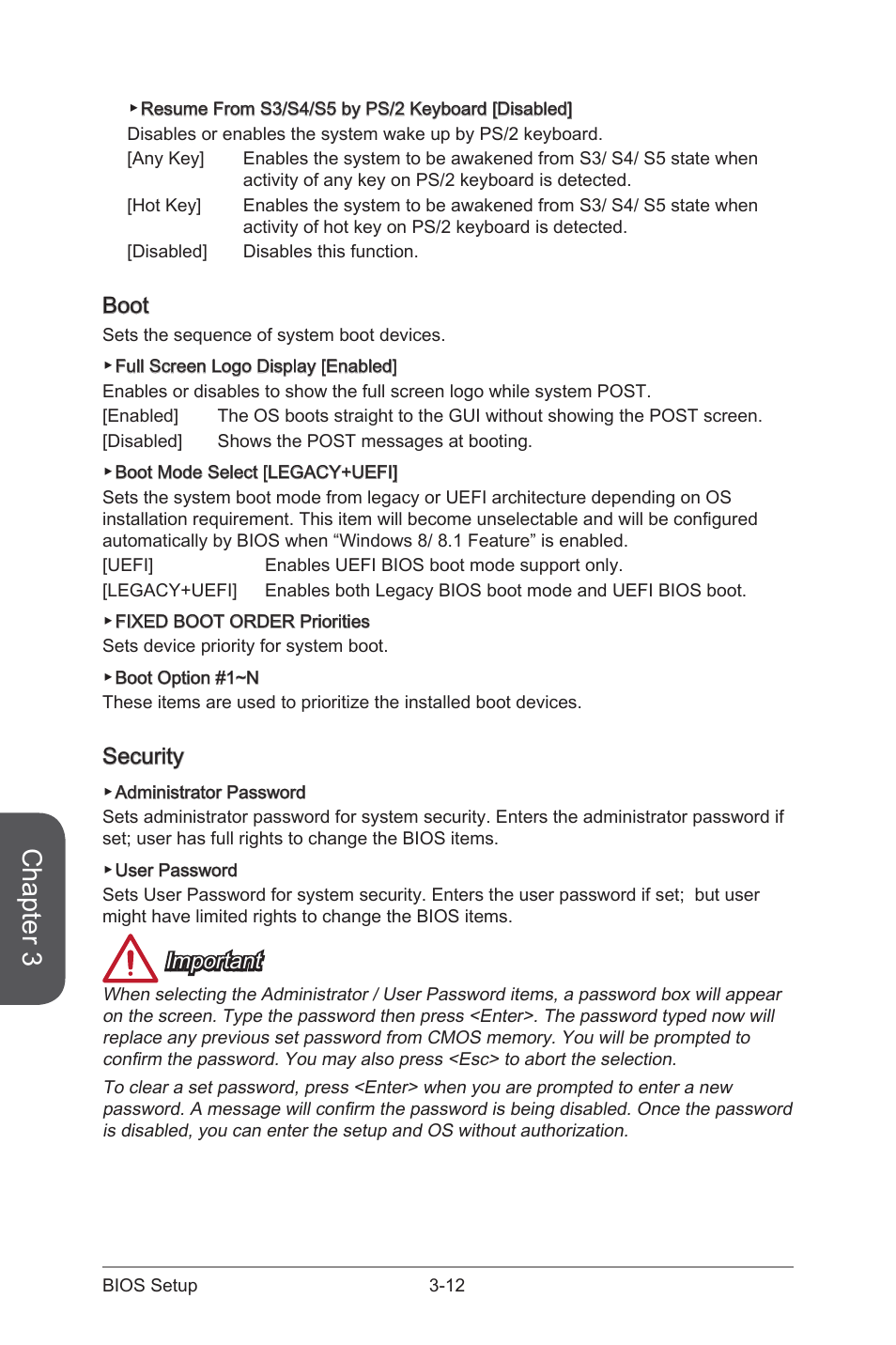 Boot -12 security -12, Chapter 3, Boot | Security, Important | MSI A88XM GAMING User Manual | Page 72 / 102