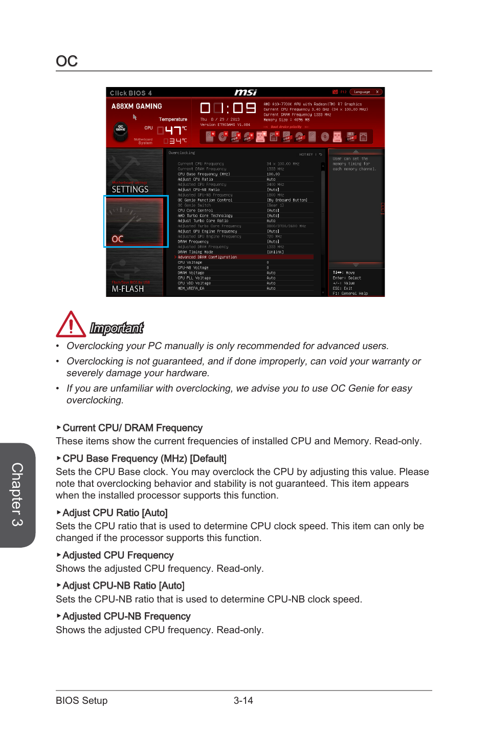 Oc -14, Chapter 3, Important | MSI A88XM GAMING User Manual | Page 74 / 102