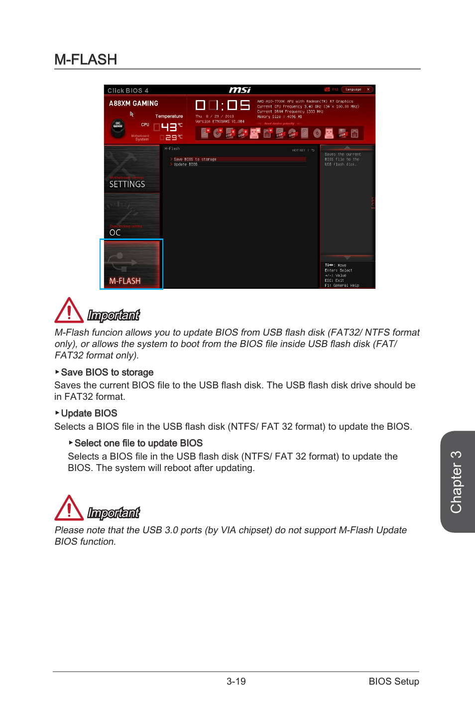 M-flash -19, Chapter 3, M-flash | Important | MSI A88XM GAMING User Manual | Page 79 / 102