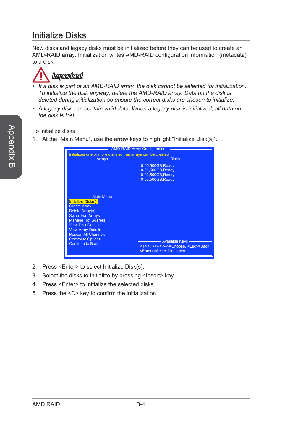 Appendix b, Initialize disks, Important | MSI A88XM GAMING User Manual | Page 92 / 102