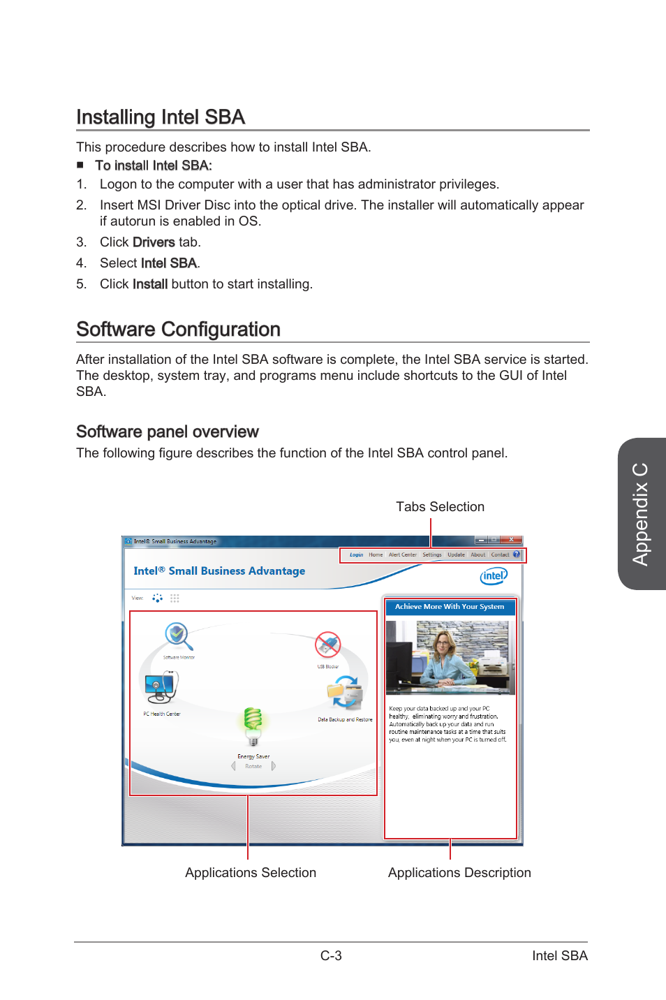 Appendix c, Installing intel sba, Software configuration | MSI B85M ECO Manual User Manual | Page 101 / 102