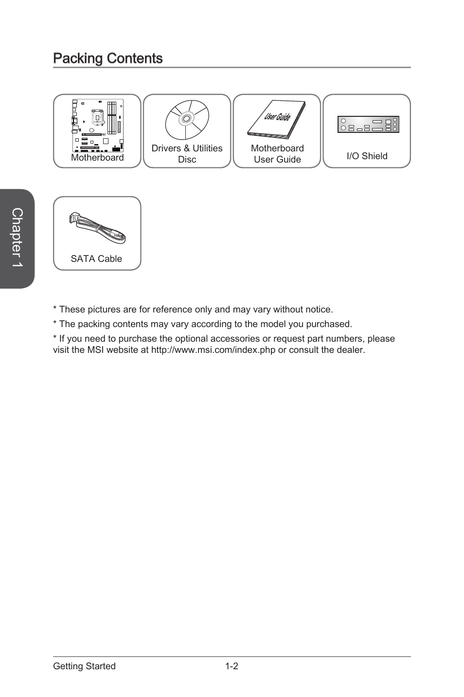 Packing contents -2 optional accessories -2, Chapter 1, Packing contents | MSI B85M ECO Manual User Manual | Page 16 / 102