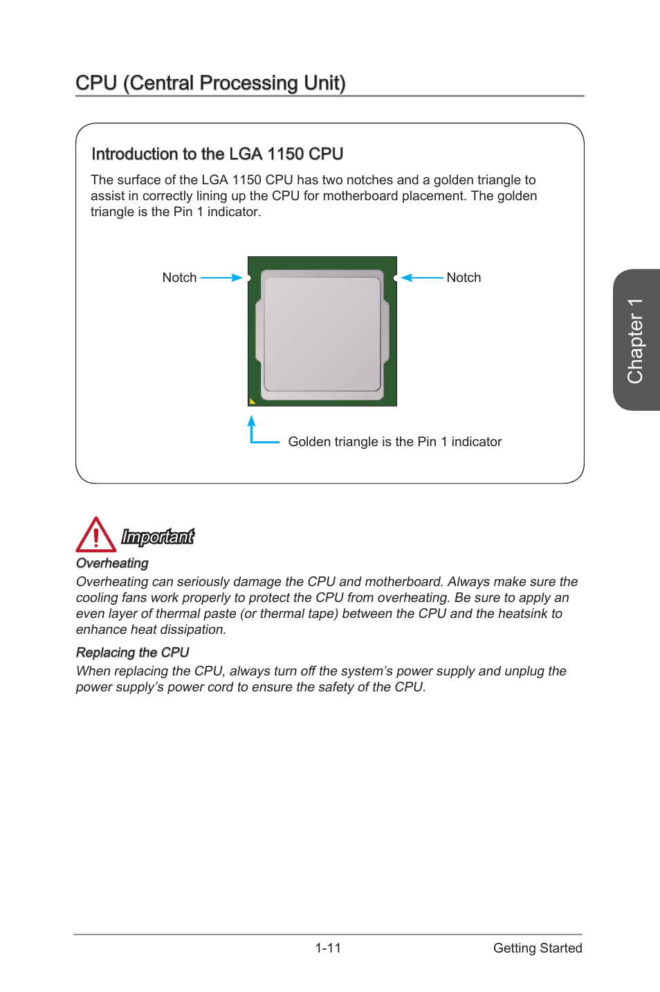 Cpu (central processing unit) -11, Introduction to the lga 1150 cpu -11, Chapter 1 | Cpu (central processing unit), Important, Introduction to the lga 1150 cpu | MSI B85M ECO Manual User Manual | Page 25 / 102