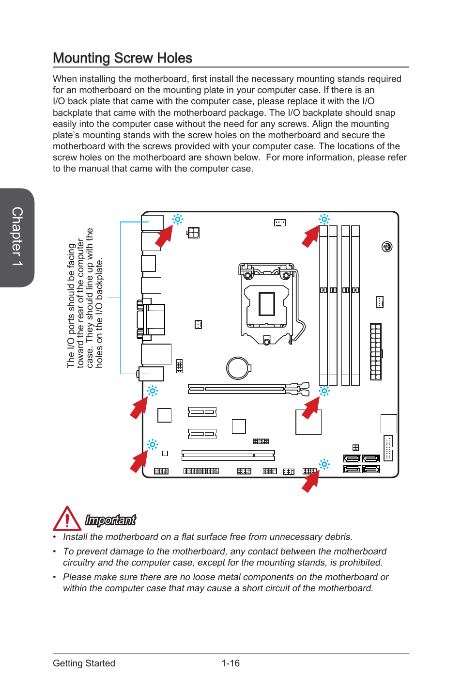 Mounting screw holes -16, Chapter 1, Mounting screw holes | Important | MSI B85M ECO Manual User Manual | Page 30 / 102