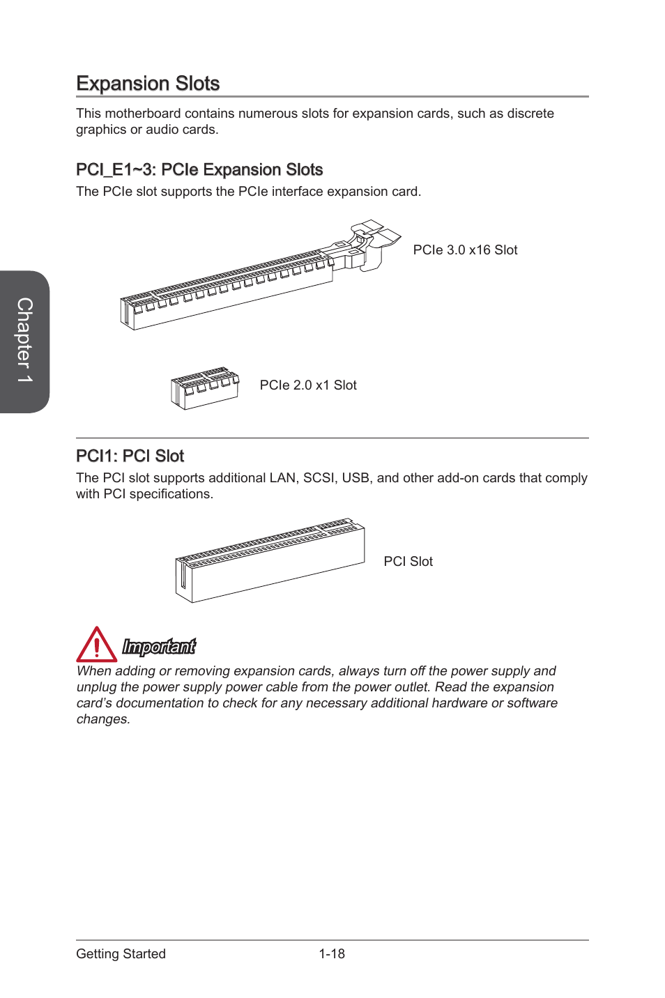 Pci1: pci slot, Pci_e1~3: pcie expansion slots, Expansion slots -18 | Pci1, Pci slot, Pci_e1~3, Pcie expansion slots, Chapter 1, Expansion slots | MSI B85M ECO Manual User Manual | Page 32 / 102