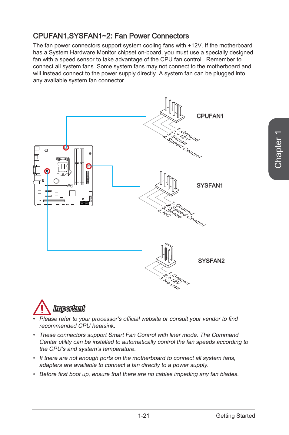 Cpufan1,sysfan1~2: fan power connectors, Cpufan1,sysfan1~2: fan power connectors -21, Cpufan1,sysfan1~2 | Fan power connectors, Chapter 1, Important | MSI B85M ECO Manual User Manual | Page 35 / 102