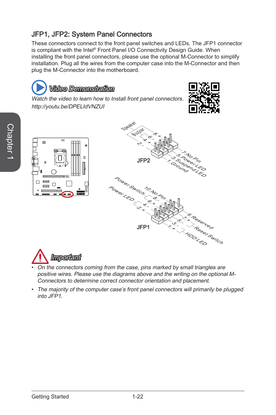 Jfp1, jfp2: system panel connectors, Jfp1, jfp2: system panel connectors -22, Jfp1, jfp2 | System panel connectors, Chapter 1, Video demonstration, Important | MSI B85M ECO Manual User Manual | Page 36 / 102