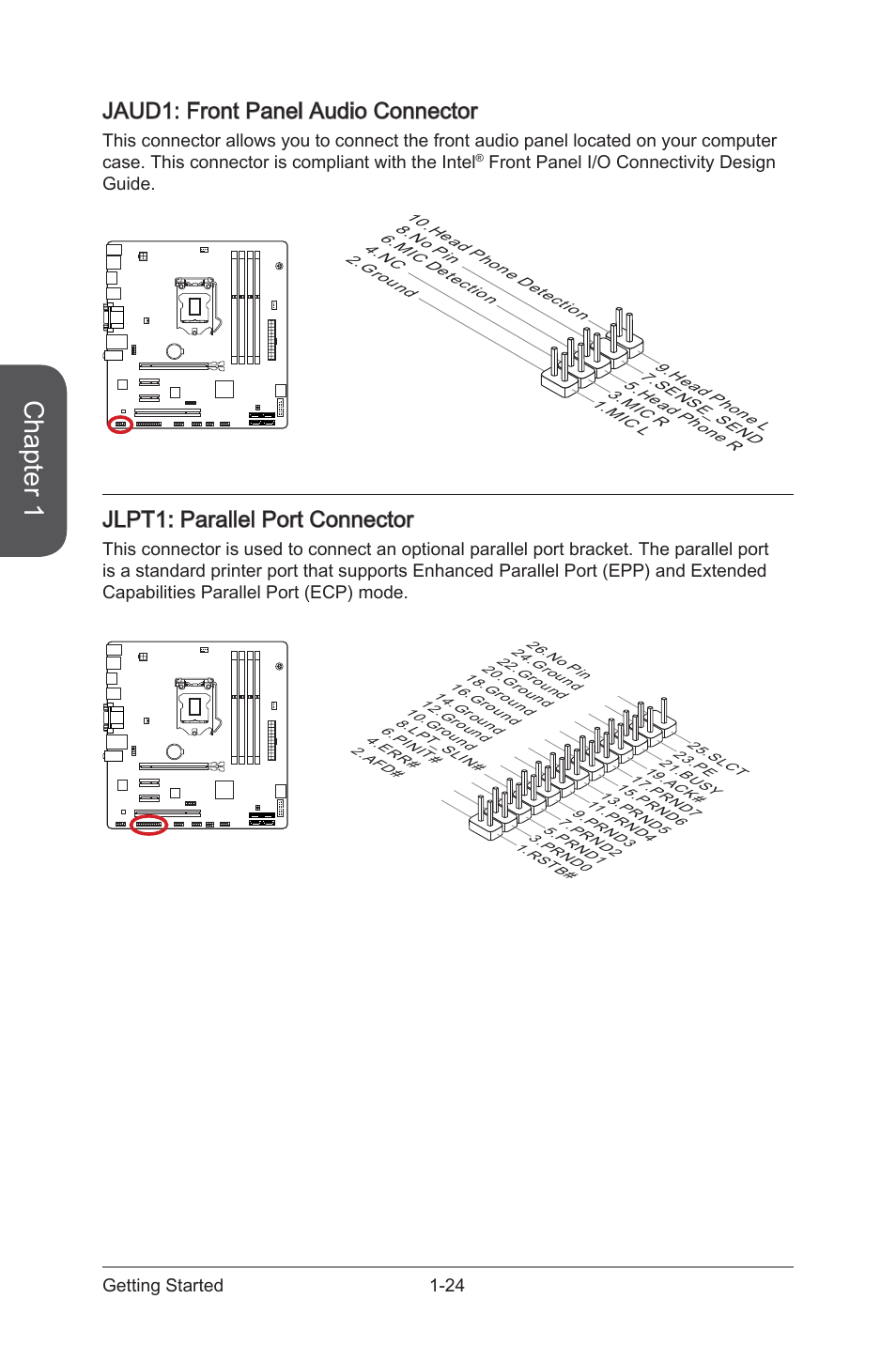Jaud1: front panel audio connector, Jlpt1: parallel port connector, Jaud1 | Front panel audio connector, Jlpt1, Parallel port connector, Chapter 1 | MSI B85M ECO Manual User Manual | Page 38 / 102