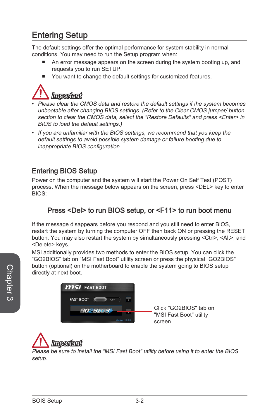 Entering setup -2, Entering bios setup -2, Chapter 3 | Entering setup, Important, Entering bios setup | MSI B85M ECO Manual User Manual | Page 58 / 102