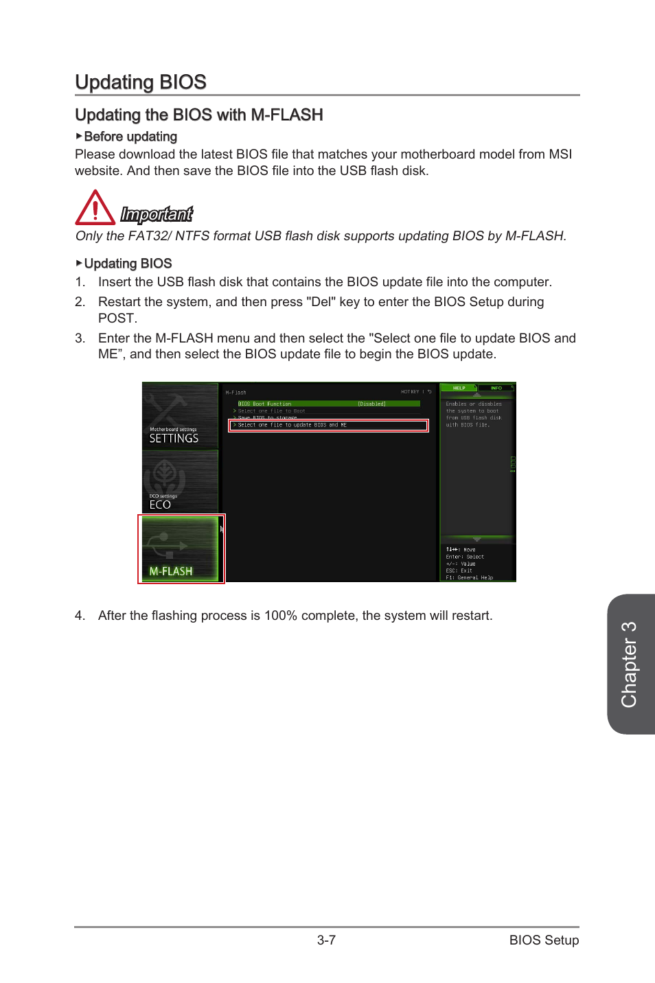 Updating bios -7, Updating the bios with m-flash -7, Chapter 3 | Updating bios, Updating the bios with m-flash, Important | MSI B85M ECO Manual User Manual | Page 63 / 102