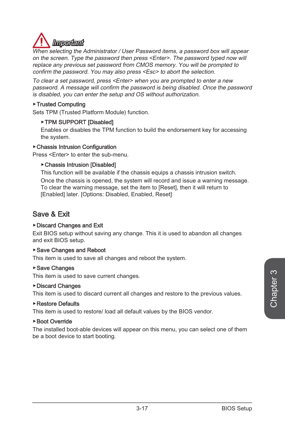 Save & exit -17, Chapter 3, Important | Save & exit | MSI B85M ECO Manual User Manual | Page 73 / 102