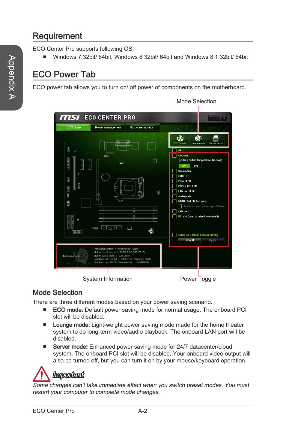 Appendix a requirement, Eco power tab, Mode selection | Important | MSI B85M ECO Manual User Manual | Page 82 / 102