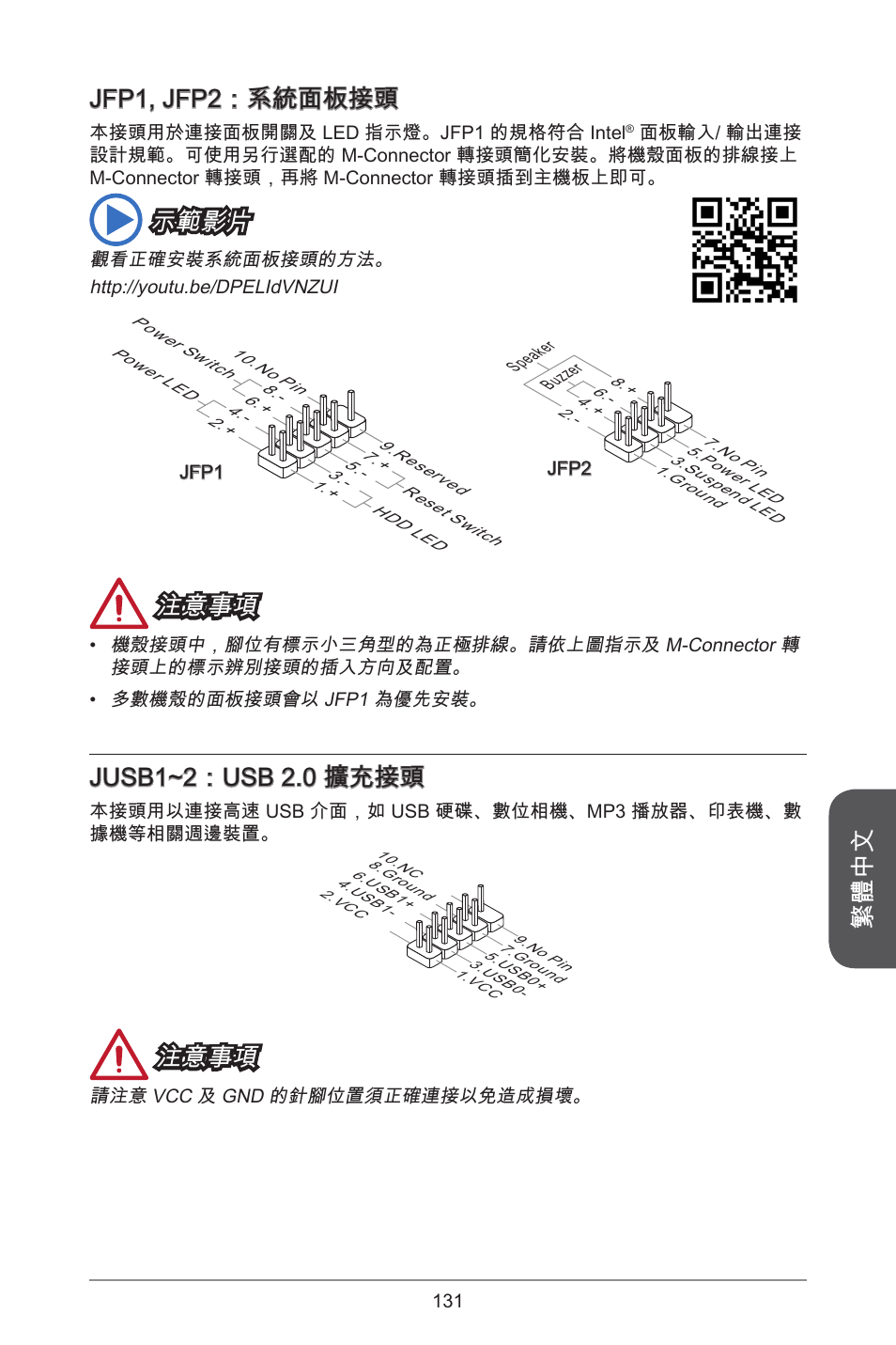 繁體中文, Jfp1, jfp2：系統面板接頭, 示範影片 | 注意事項, Jusb1~2：usb 2.0 擴充接頭 | MSI H81M ECO Manual User Manual | Page 131 / 164