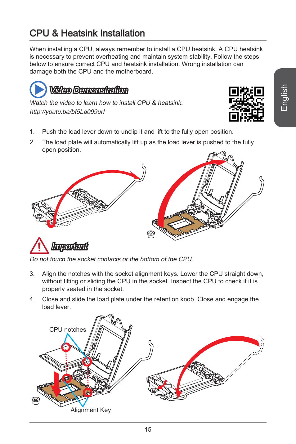 Cpu & heatsink installation, English, Important | Video demonstration | MSI H81M ECO Manual User Manual | Page 15 / 164