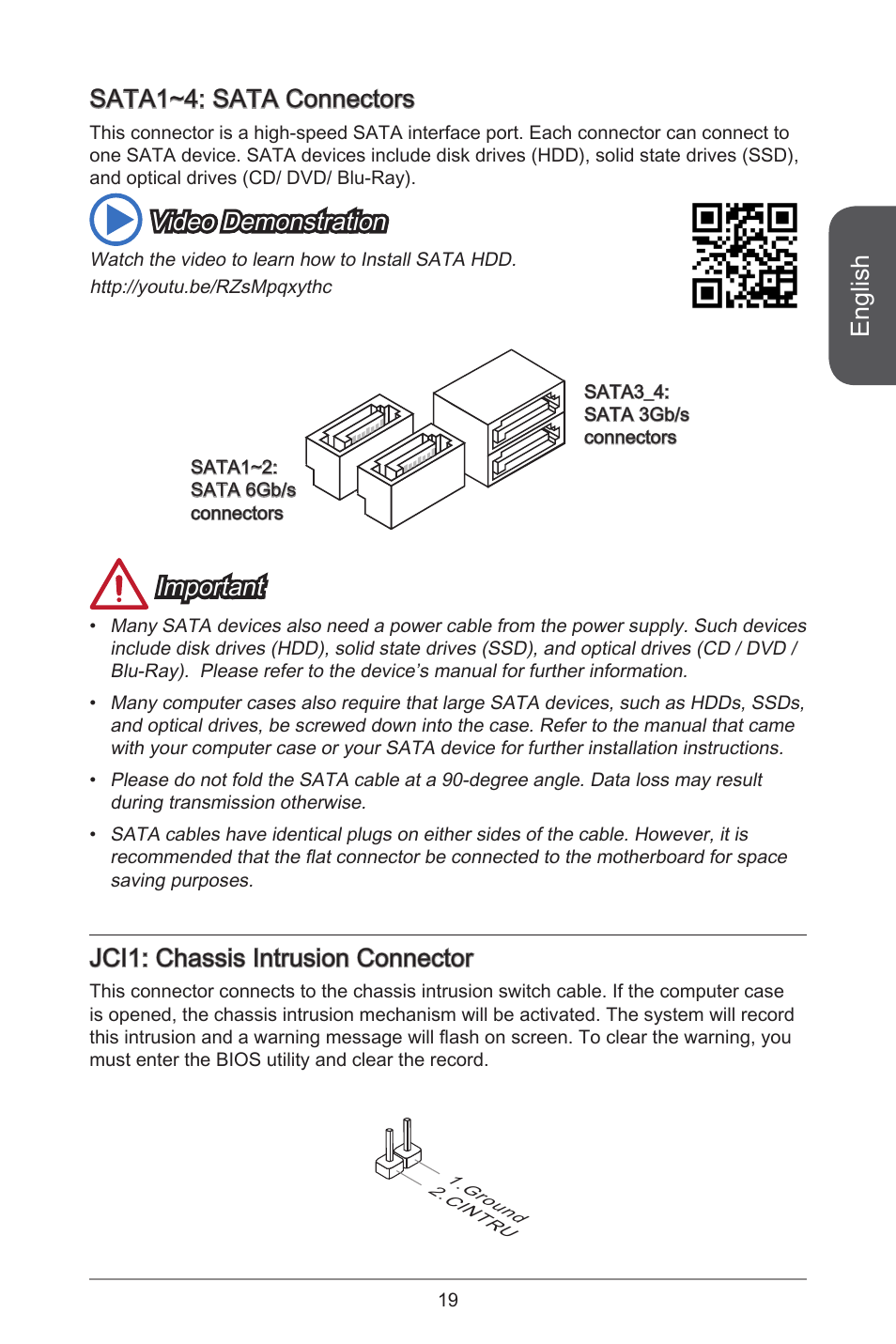 English, Sata1~4: sata connectors, Video demonstration | Important, Jci1: chassis intrusion connector | MSI H81M ECO Manual User Manual | Page 19 / 164