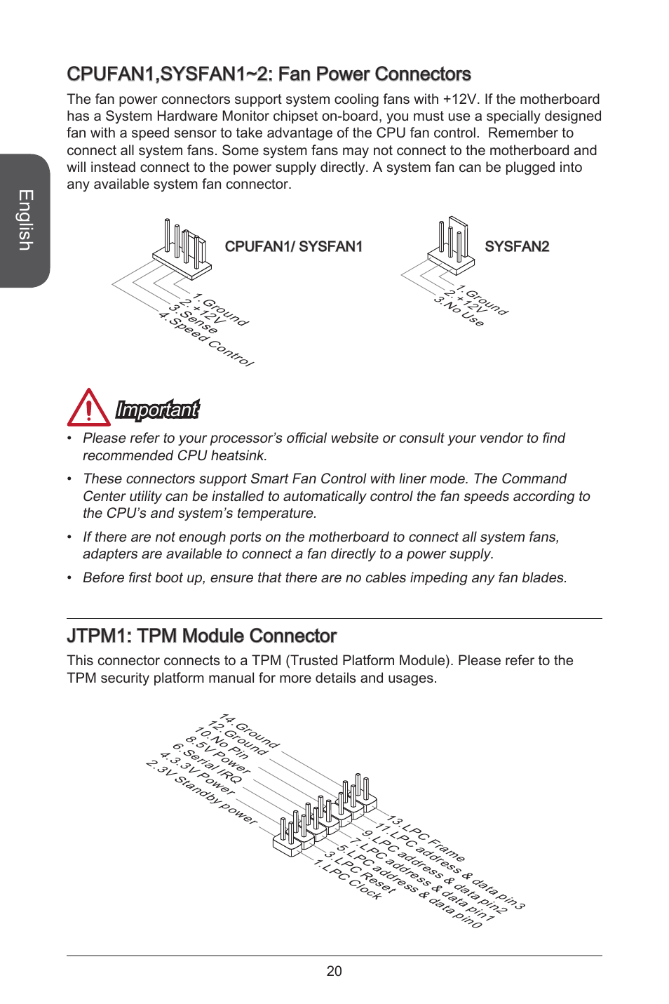 English, Cpufan1,sysfan1~2: fan power connectors, Important | Jtpm1: tpm module connector | MSI H81M ECO Manual User Manual | Page 20 / 164