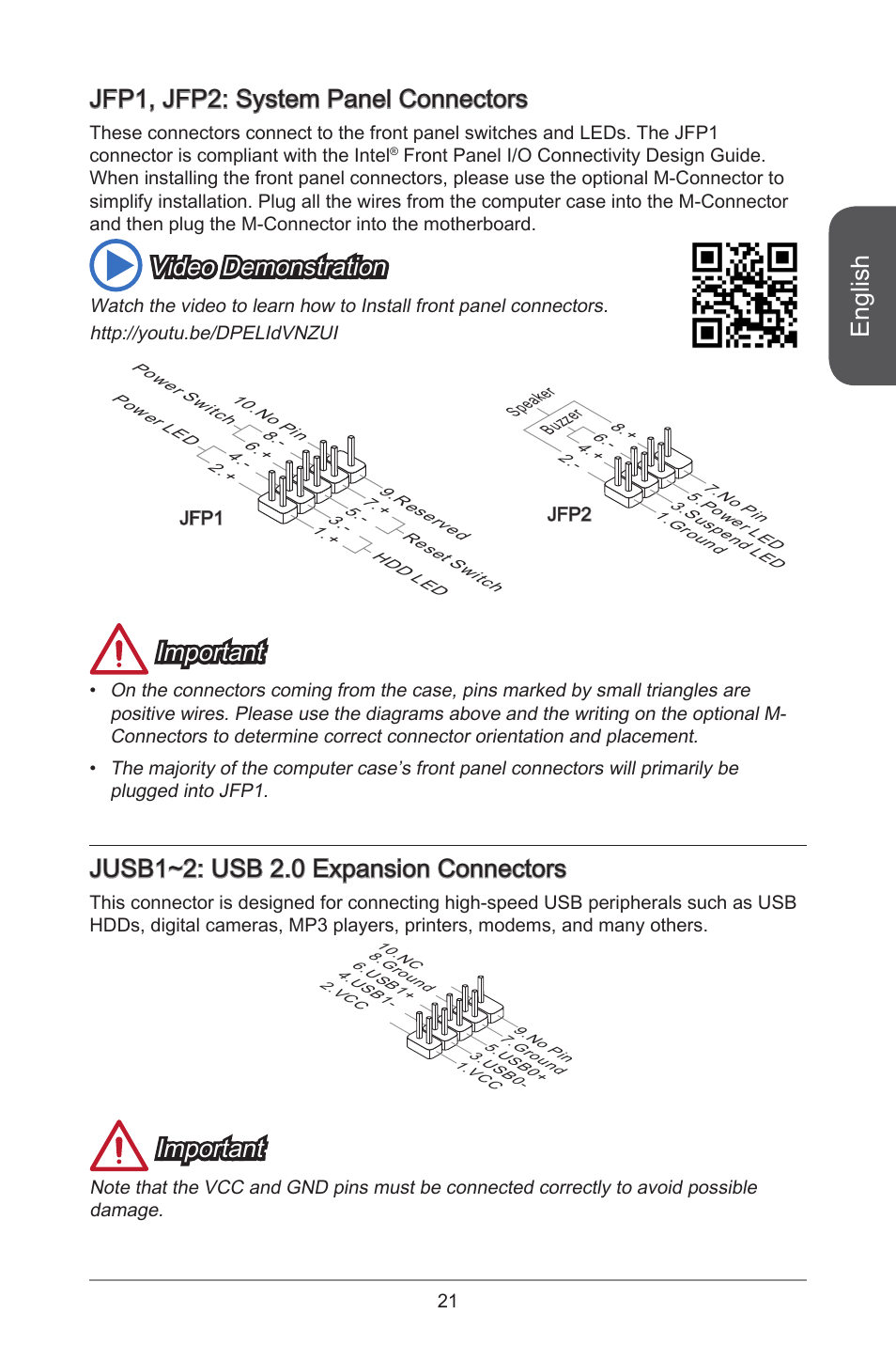 English, Jfp1, jfp2: system panel connectors, Video demonstration | Important, Jusb1~2: usb 2.0 expansion connectors | MSI H81M ECO Manual User Manual | Page 21 / 164