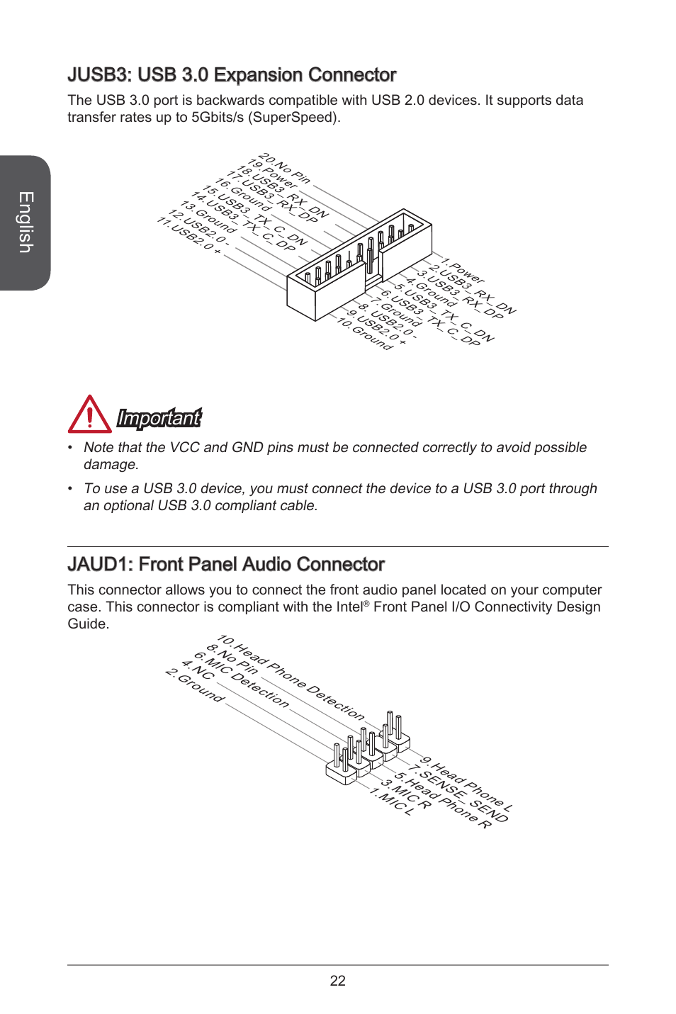 English, Jusb3: usb 3.0 expansion connector, Important | Jaud1: front panel audio connector | MSI H81M ECO Manual User Manual | Page 22 / 164