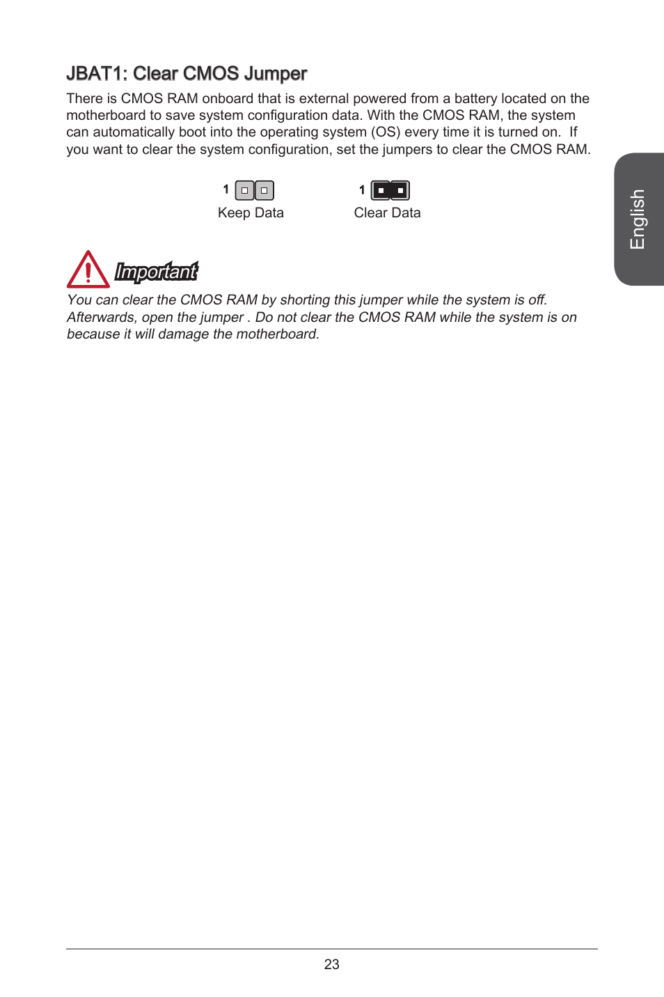 English, Jbat1: clear cmos jumper, Important | MSI H81M ECO Manual User Manual | Page 23 / 164