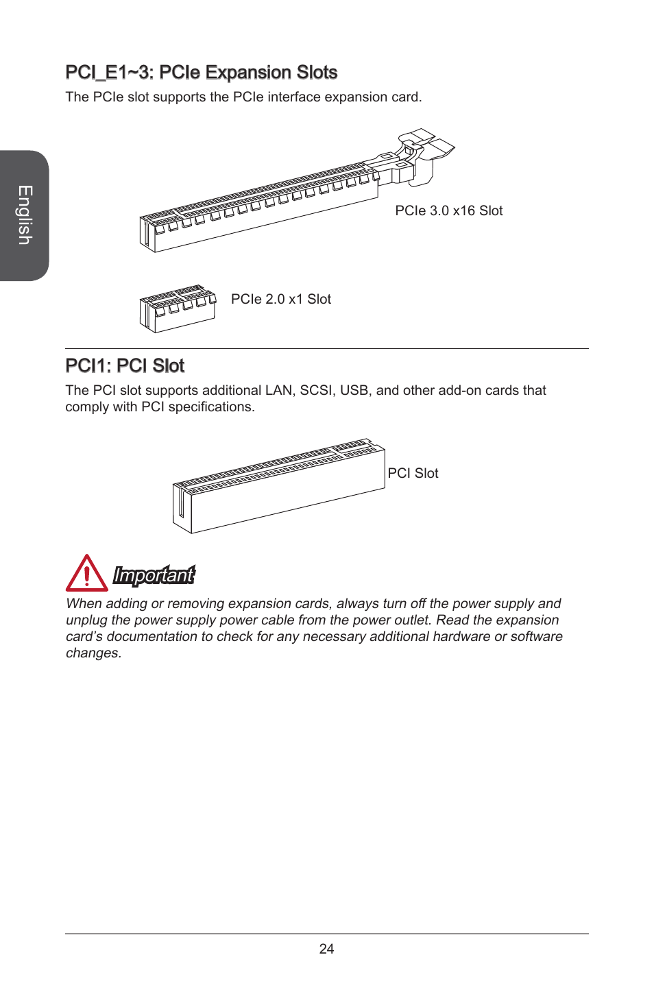 English, Pci_e1~3: pcie expansion slots, Pci1: pci slot | Important | MSI H81M ECO Manual User Manual | Page 24 / 164