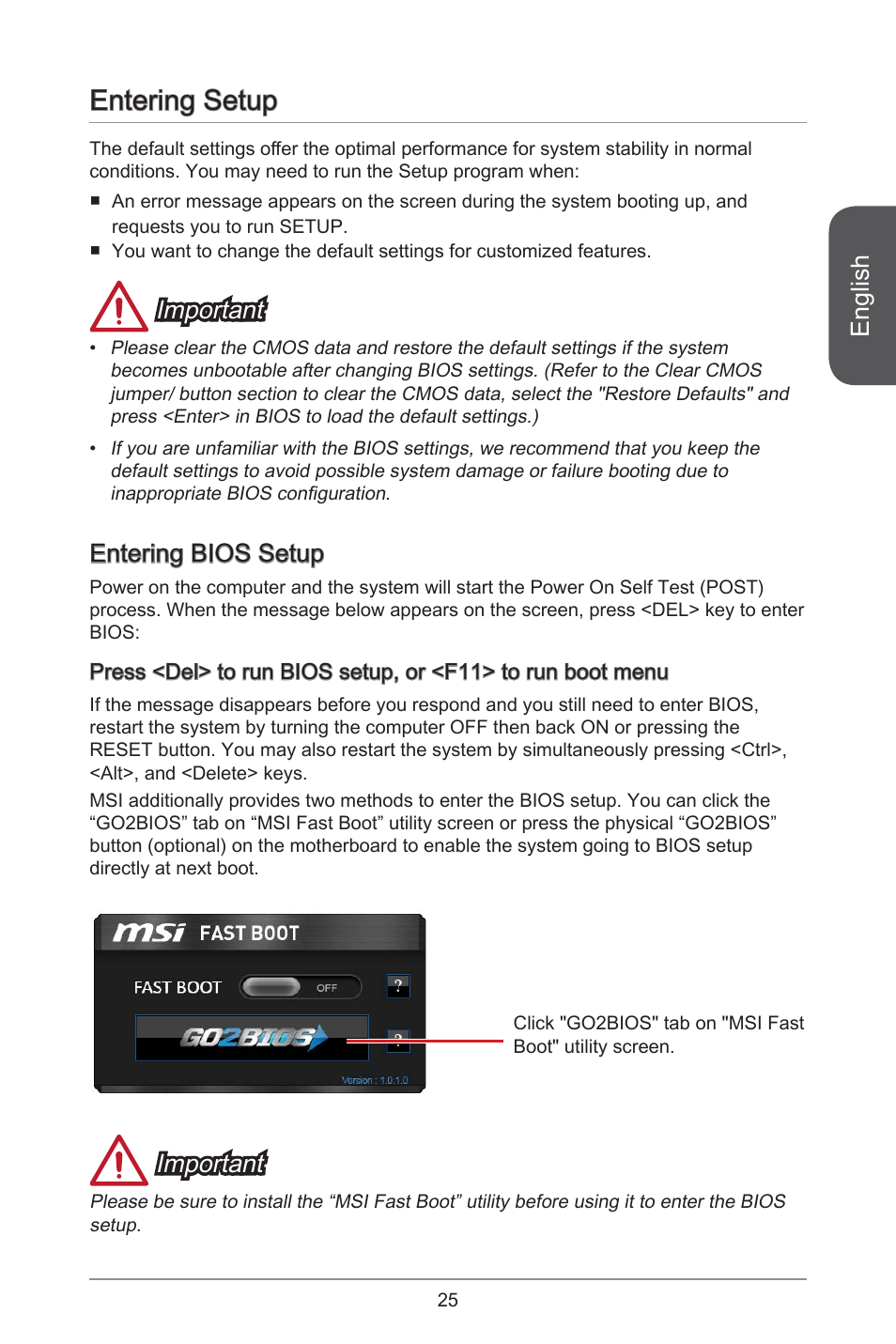 Entering setup, English, Important | Entering bios setup | MSI H81M ECO Manual User Manual | Page 25 / 164