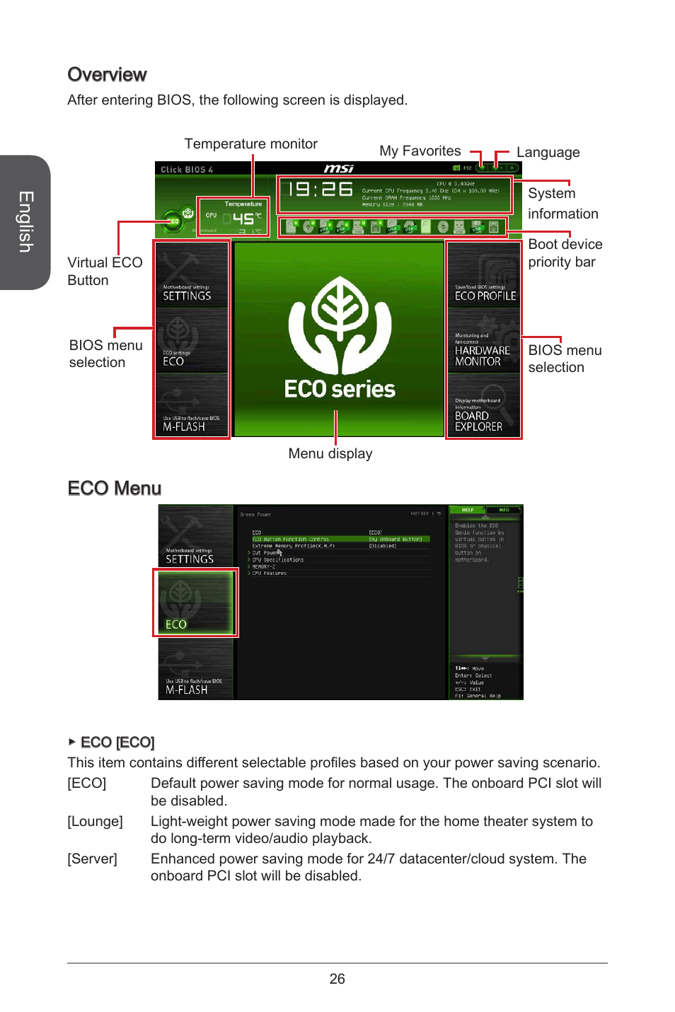 English, Overview, Eco menu | MSI H81M ECO Manual User Manual | Page 26 / 164
