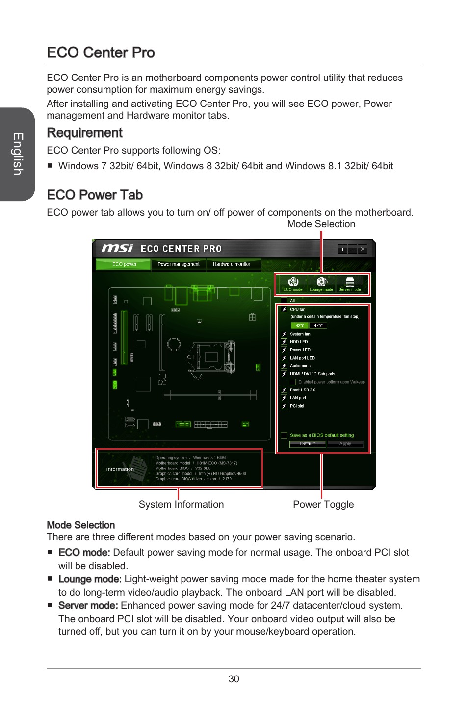Eco center pro, English, Requirement | Eco power tab | MSI H81M ECO Manual User Manual | Page 30 / 164