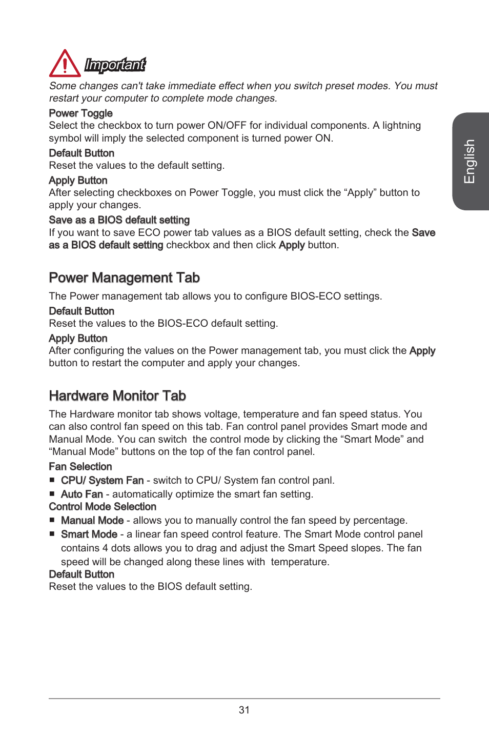 English, Important, Power management tab | Hardware monitor tab | MSI H81M ECO Manual User Manual | Page 31 / 164