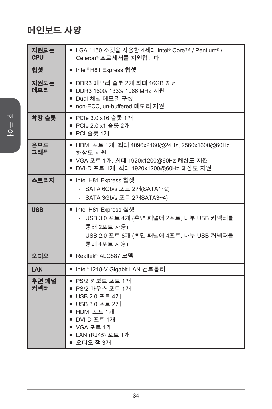 메인보드 사양 | MSI H81M ECO Manual User Manual | Page 34 / 164
