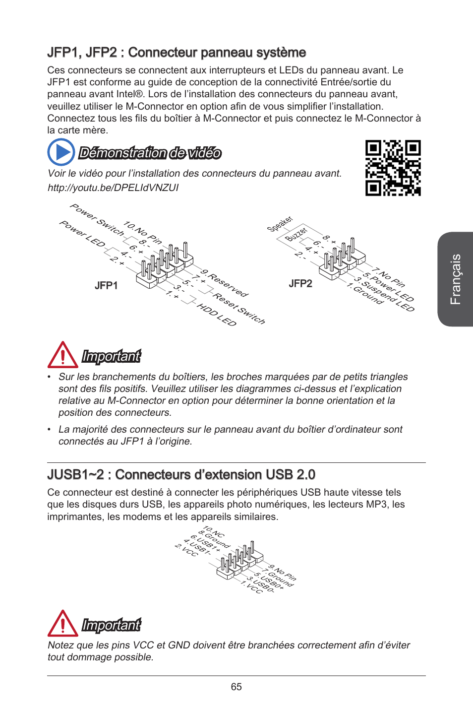 Français, Jfp1, jfp2 : connecteur panneau système, Démonstration de vidéo | Important, Jusb1~2 : connecteurs d’extension usb 2.0 | MSI H81M ECO Manual User Manual | Page 65 / 164