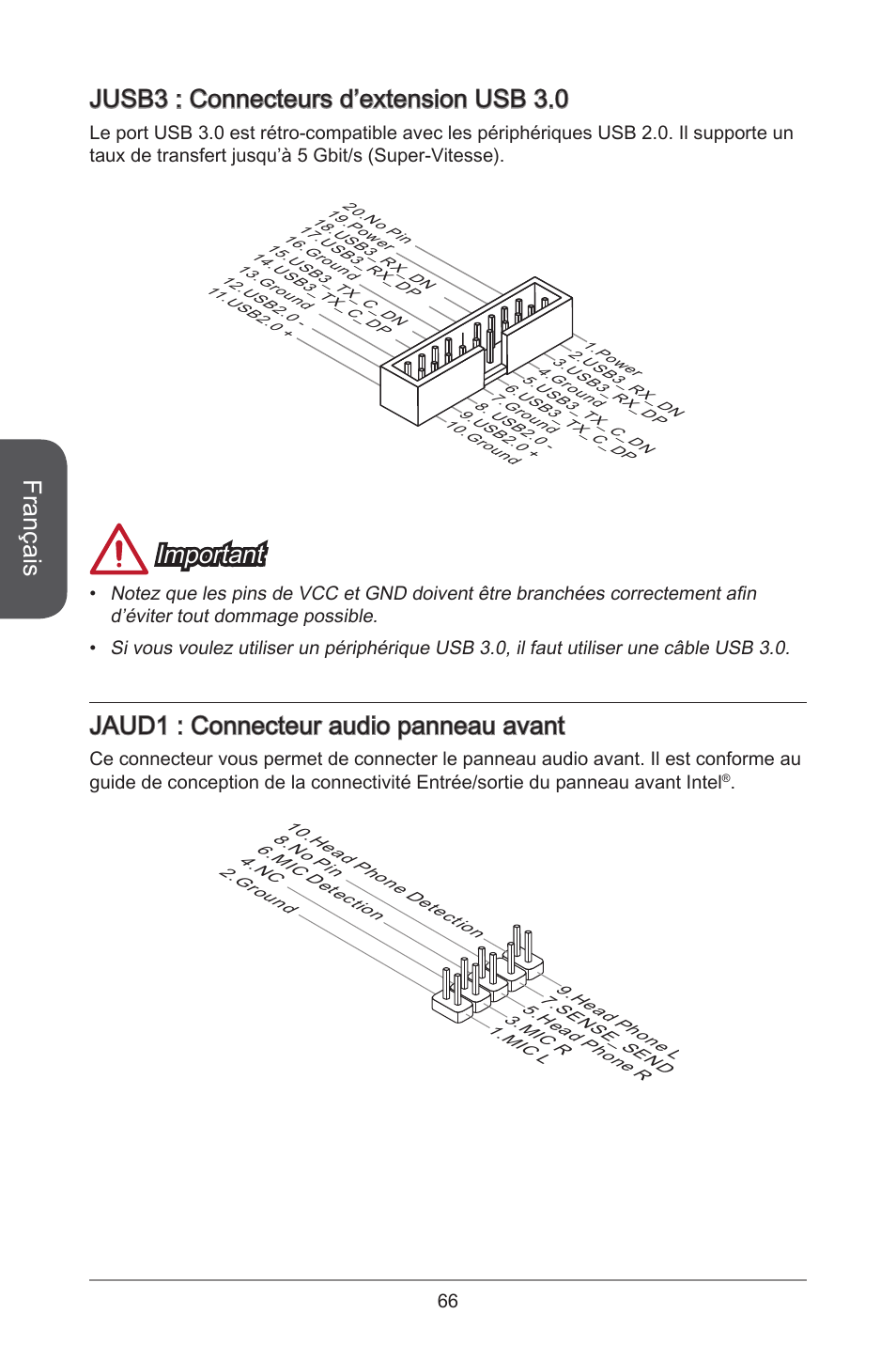 Français, Jusb3 : connecteurs d’extension usb 3.0, Important | Jaud1 : connecteur audio panneau avant | MSI H81M ECO Manual User Manual | Page 66 / 164