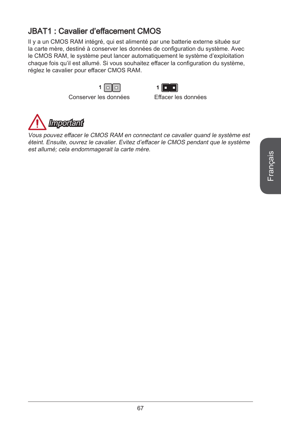 Français, Jbat1 : cavalier d’effacement cmos, Important | MSI H81M ECO Manual User Manual | Page 67 / 164