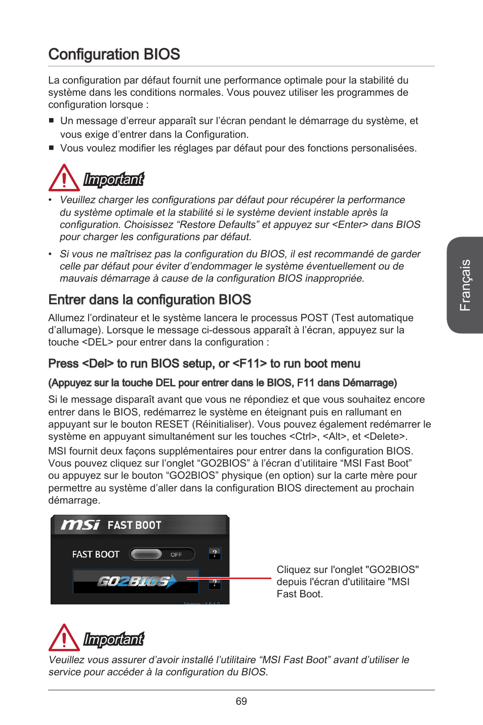 Configuration bios, Français, Important | Entrer dans la configuration bios | MSI H81M ECO Manual User Manual | Page 69 / 164