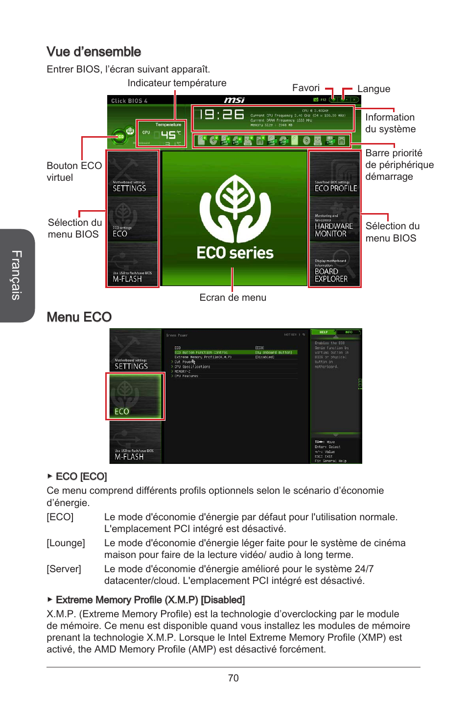 Français, Vue d’ensemble, Menu eco | MSI H81M ECO Manual User Manual | Page 70 / 164