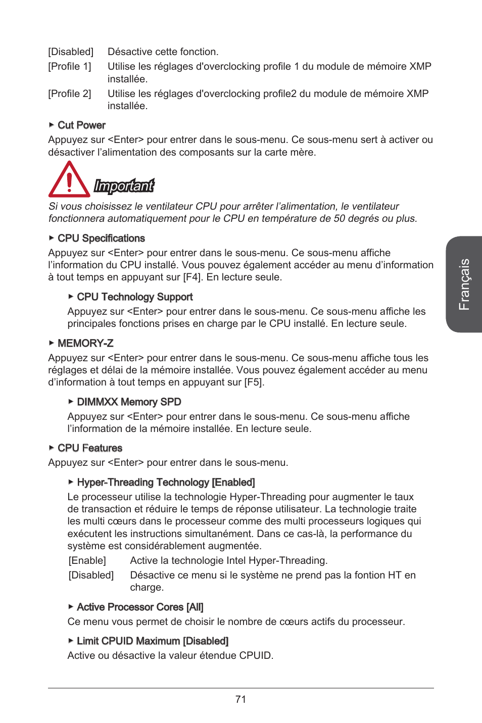 Français, Important | MSI H81M ECO Manual User Manual | Page 71 / 164