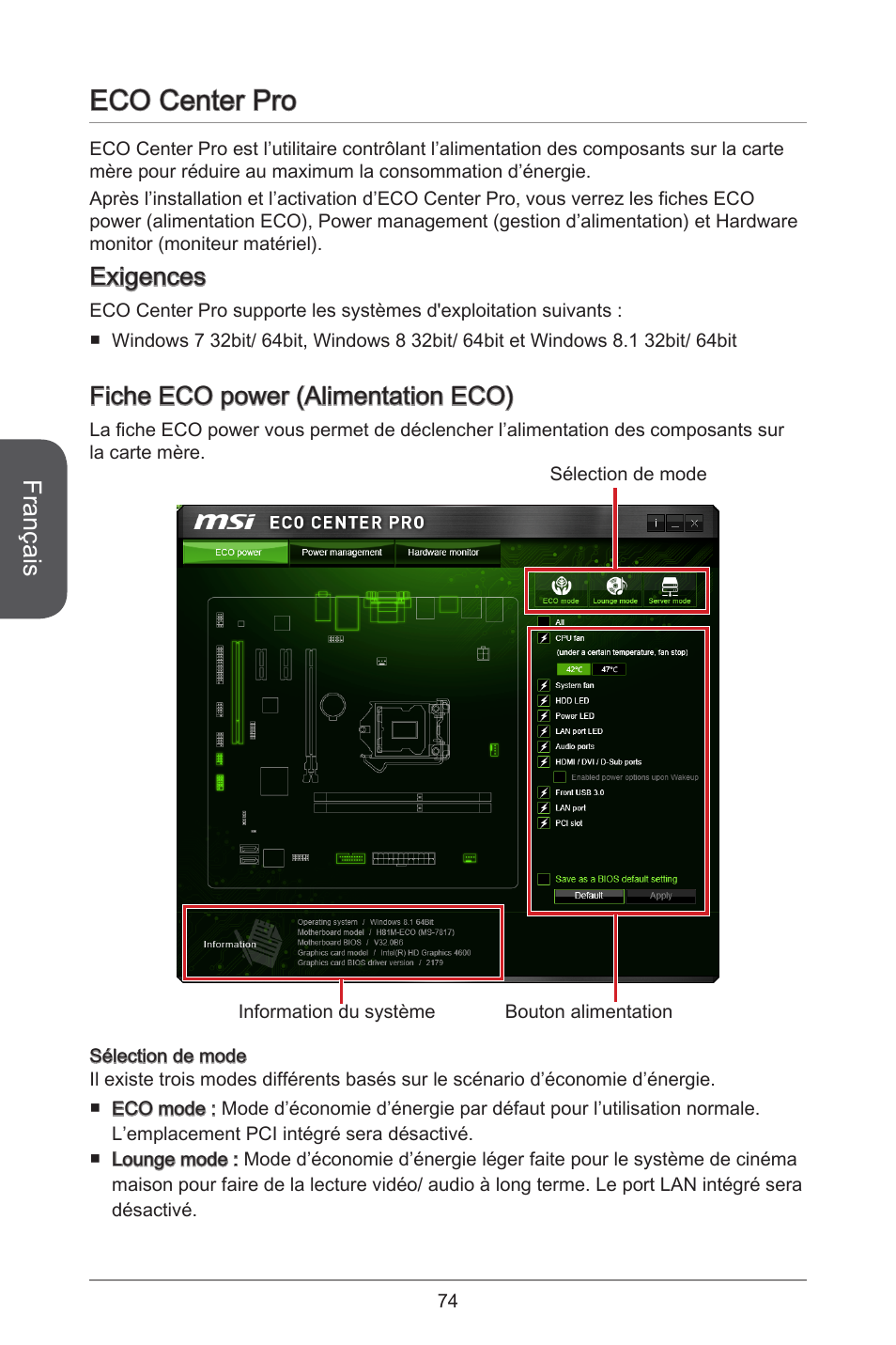 Eco center pro, Français, Exigences | Fiche eco power (alimentation eco) | MSI H81M ECO Manual User Manual | Page 74 / 164