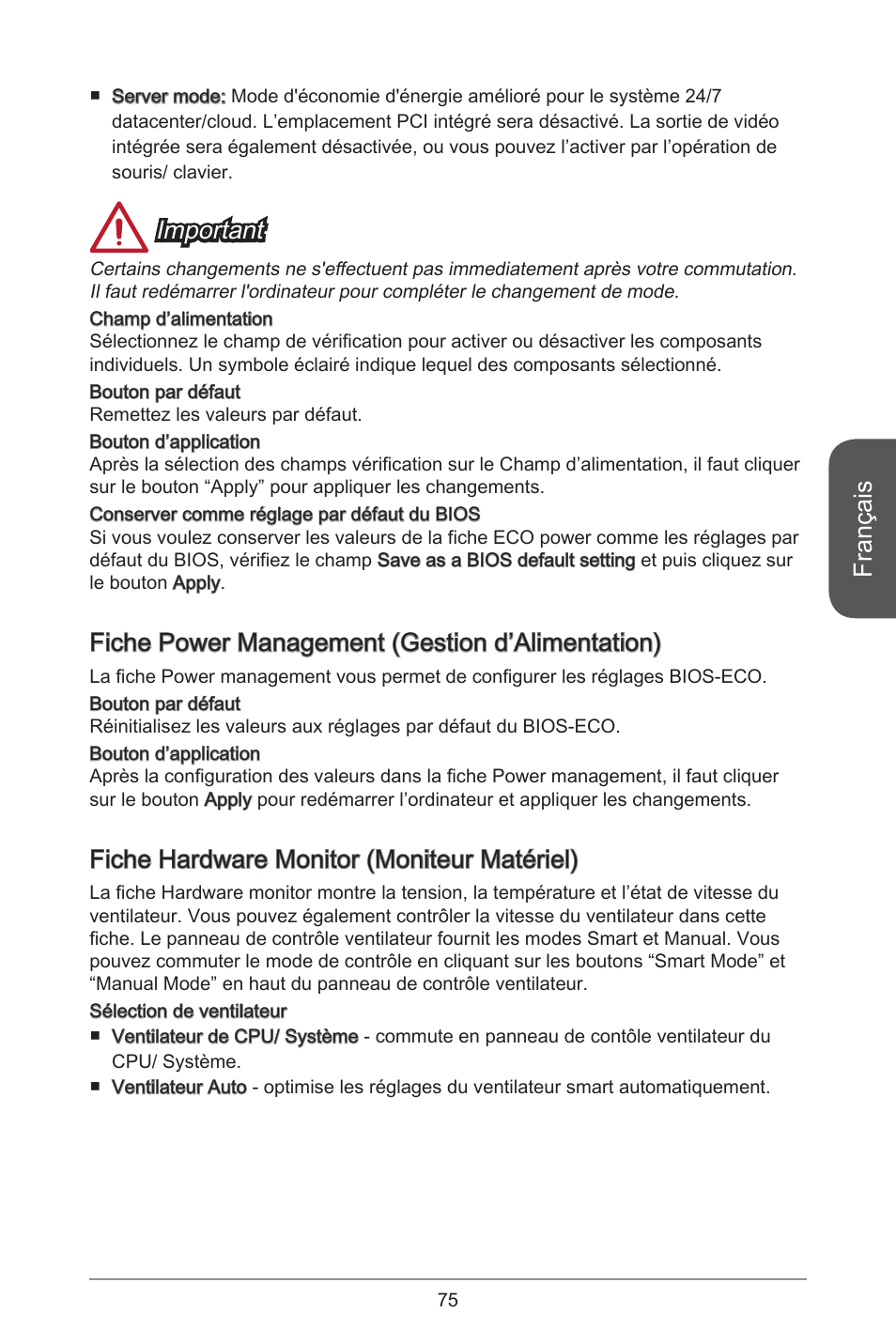 Français, Important, Fiche power management (gestion d’alimentation) | Fiche hardware monitor (moniteur matériel) | MSI H81M ECO Manual User Manual | Page 75 / 164