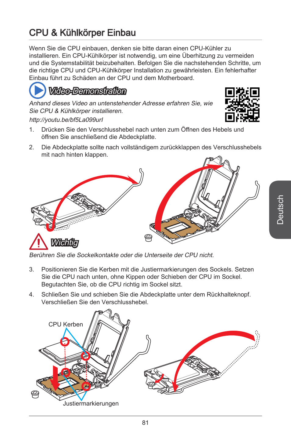 Cpu & kühlkörper einbau, Deutsch, Wichtig | Video-demonstration | MSI H81M ECO Manual User Manual | Page 81 / 164