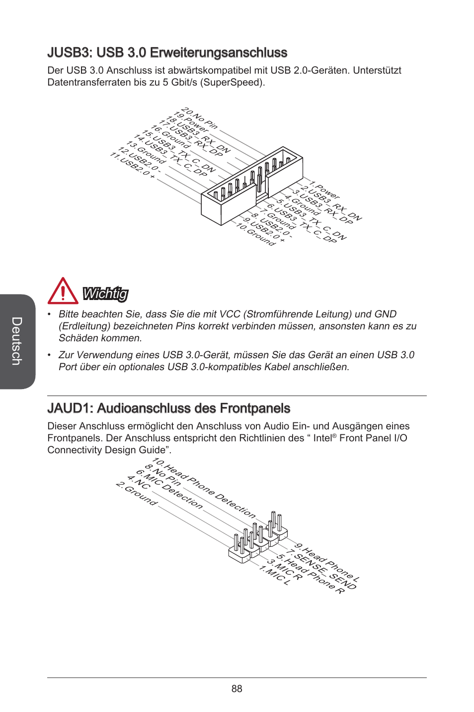 Deutsch, Jusb3: usb 3.0 erweiterungsanschluss, Wichtig | Jaud1: audioanschluss des frontpanels | MSI H81M ECO Manual User Manual | Page 88 / 164