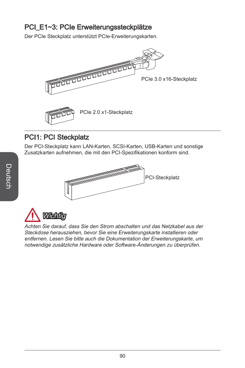 Deutsch, Pci_e1~3: pcie erweiterungssteckplätze, Pci1: pci steckplatz | Wichtig | MSI H81M ECO Manual User Manual | Page 90 / 164