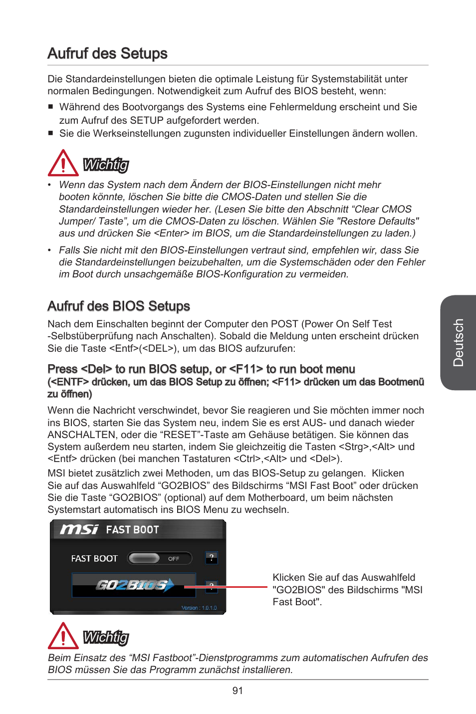 Aufruf des setups, Deutsch, Wichtig | Aufruf des bios setups | MSI H81M ECO Manual User Manual | Page 91 / 164