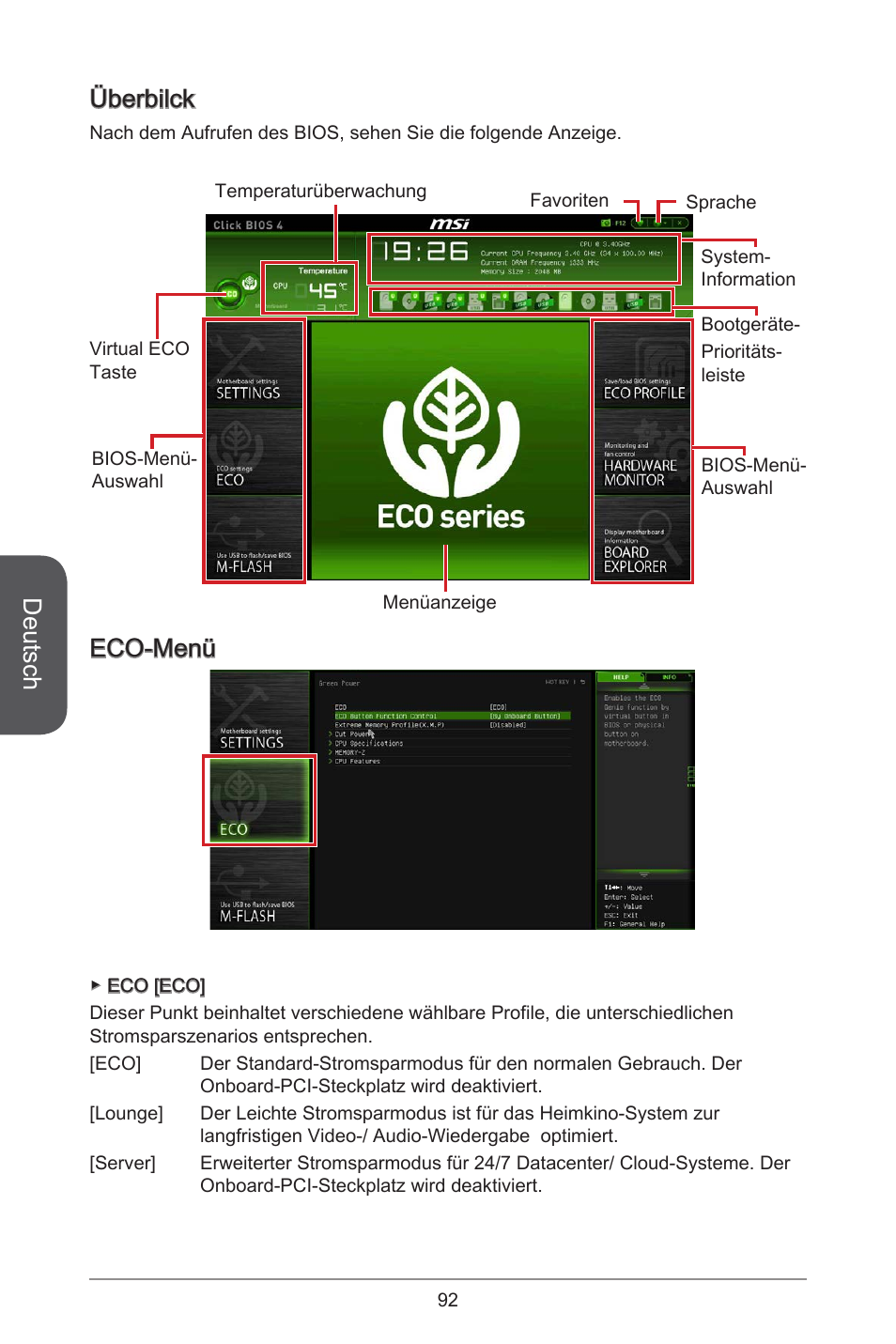 Deutsch, Überbilck, Eco-menü | MSI H81M ECO Manual User Manual | Page 92 / 164