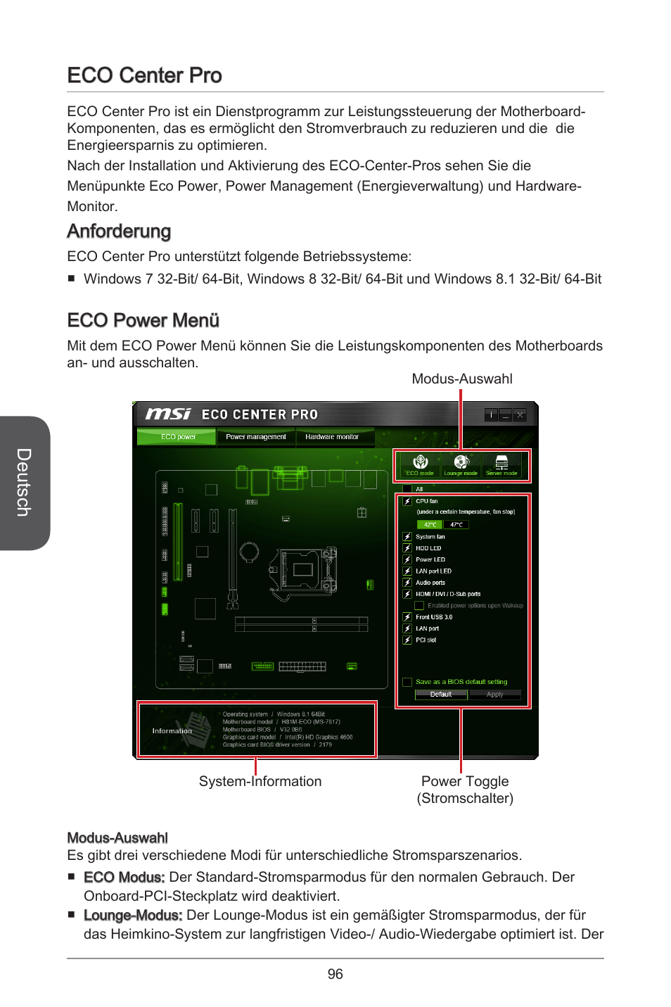 Eco center pro, Deutsch, Anforderung | Eco power menü | MSI H81M ECO Manual User Manual | Page 96 / 164