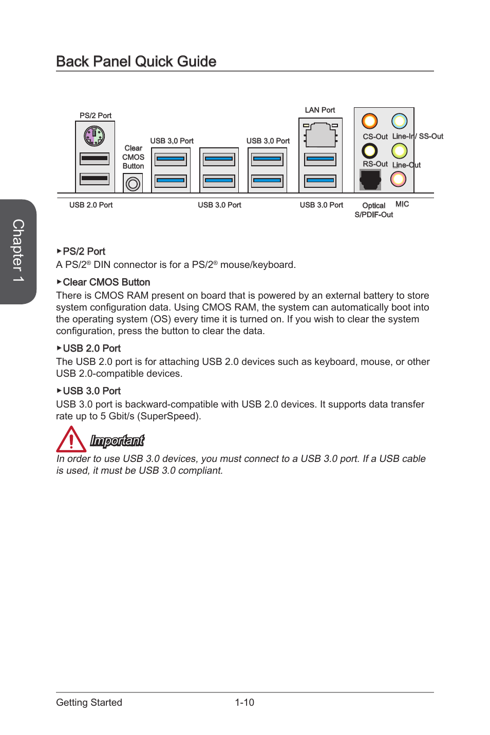 Back panel quick guide, Back panel quick guide -10, Chapter 1 | Important | MSI X99S SLI PLUS Manual User Manual | Page 24 / 108
