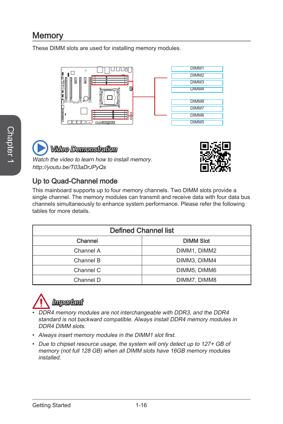 Memory, Up to quad-channel mode, Defined channel list | Memory -16, Chapter 1, Video demonstration, Important | MSI X99S SLI PLUS Manual User Manual | Page 30 / 108