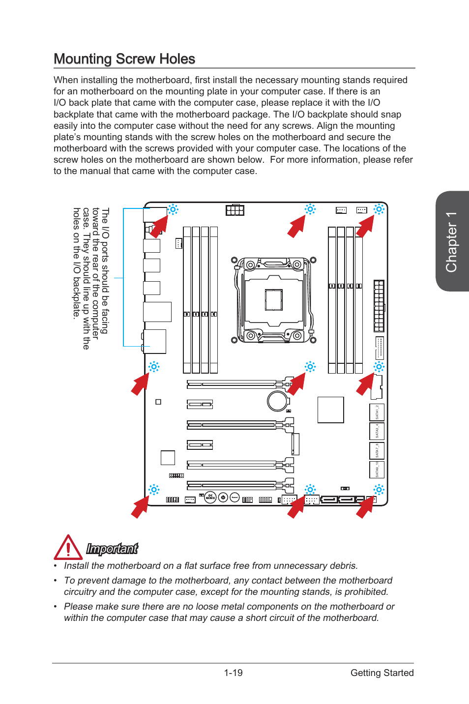 Mounting screw holes, Mounting screw holes -19, Chapter 1 | Important, 19 getting started | MSI X99S SLI PLUS Manual User Manual | Page 33 / 108
