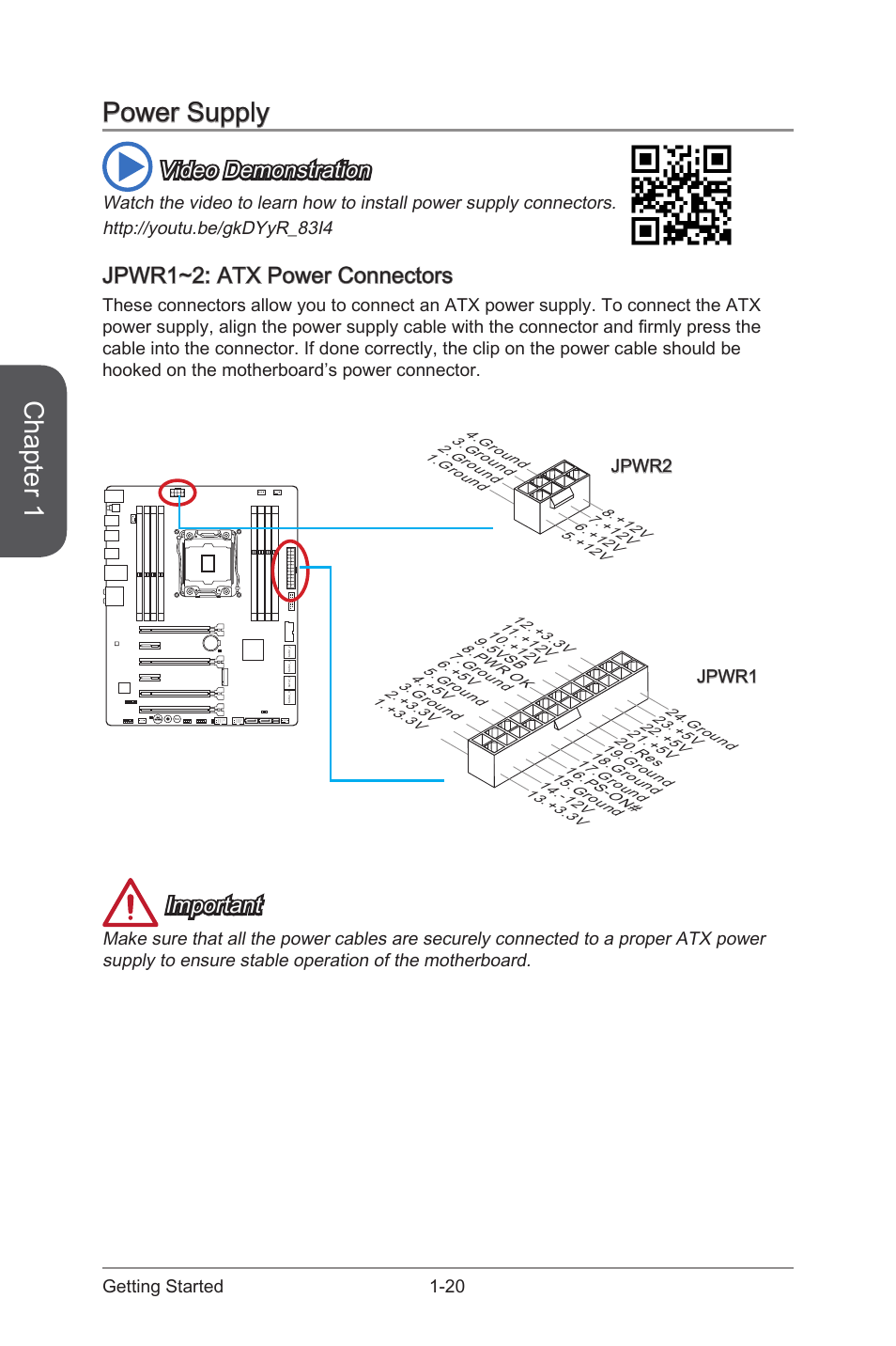 Power supply, Jpwr1~2: atx power connectors, Power supply -20 | Jpwr1~2: atx power connectors -20, Jpwr1~2, Atx power connectors, Chapter 1, Video demonstration, Important, 20 getting started | MSI X99S SLI PLUS Manual User Manual | Page 34 / 108