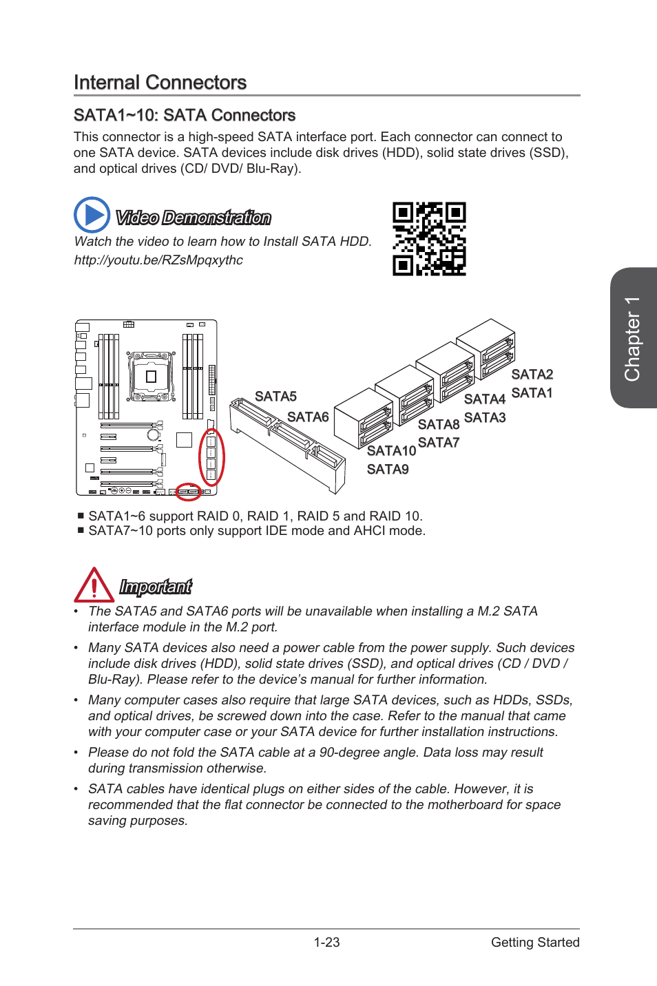 Internal connectors, Sata1~10: sata connectors, Internal connectors -23 | Sata1~10: sata connectors -23, Sata1~10, Sata connectors, Chapter 1, Video demonstration, Important, 23 getting started | MSI X99S SLI PLUS Manual User Manual | Page 37 / 108