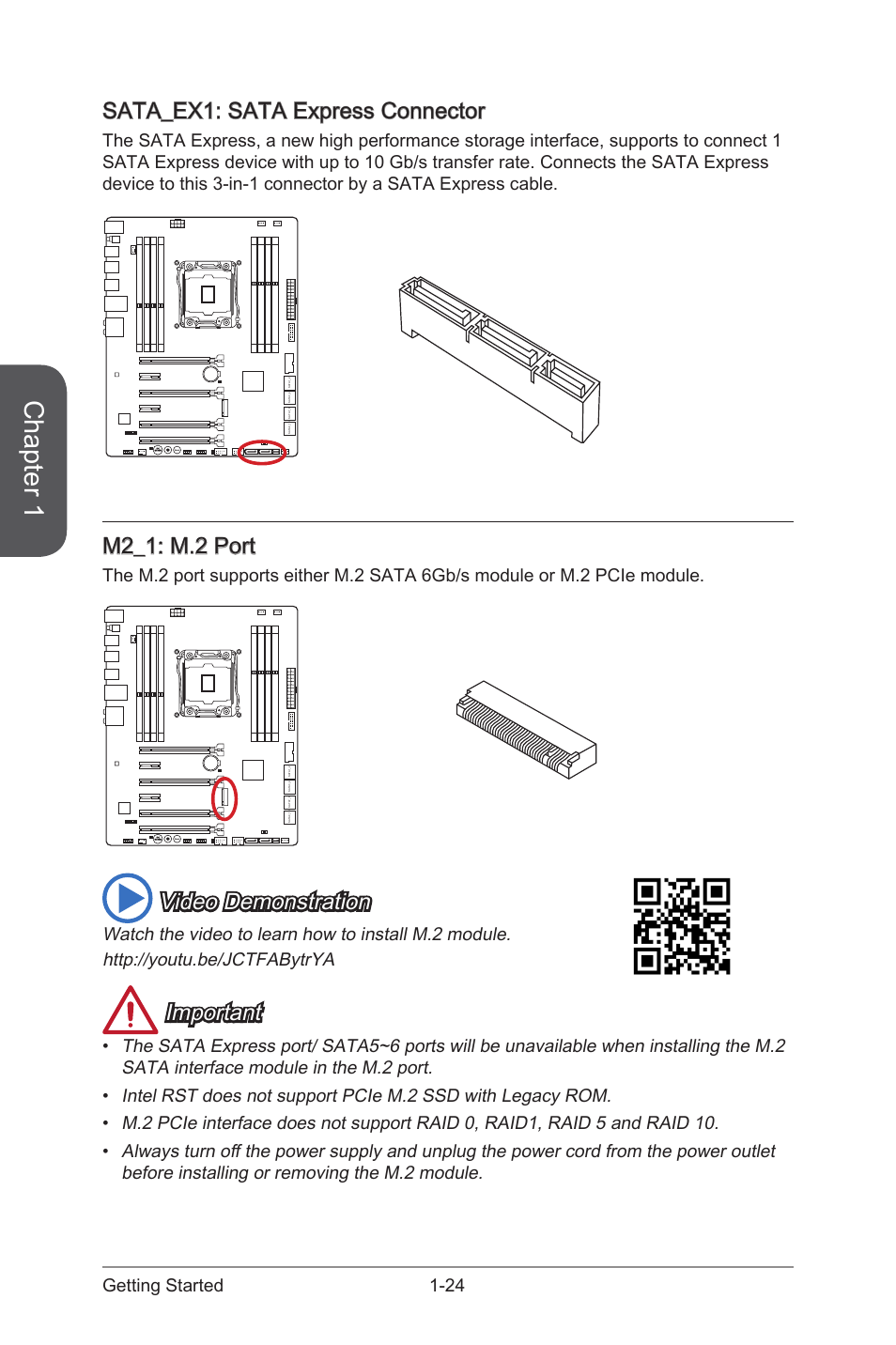 Sata_ex1: sata express connector, M2_1: m.2 port, M2_1 | M.2 port, Sata_ex1, Sata express connector, Chapter 1, Video demonstration, Important, 24 getting started | MSI X99S SLI PLUS Manual User Manual | Page 38 / 108